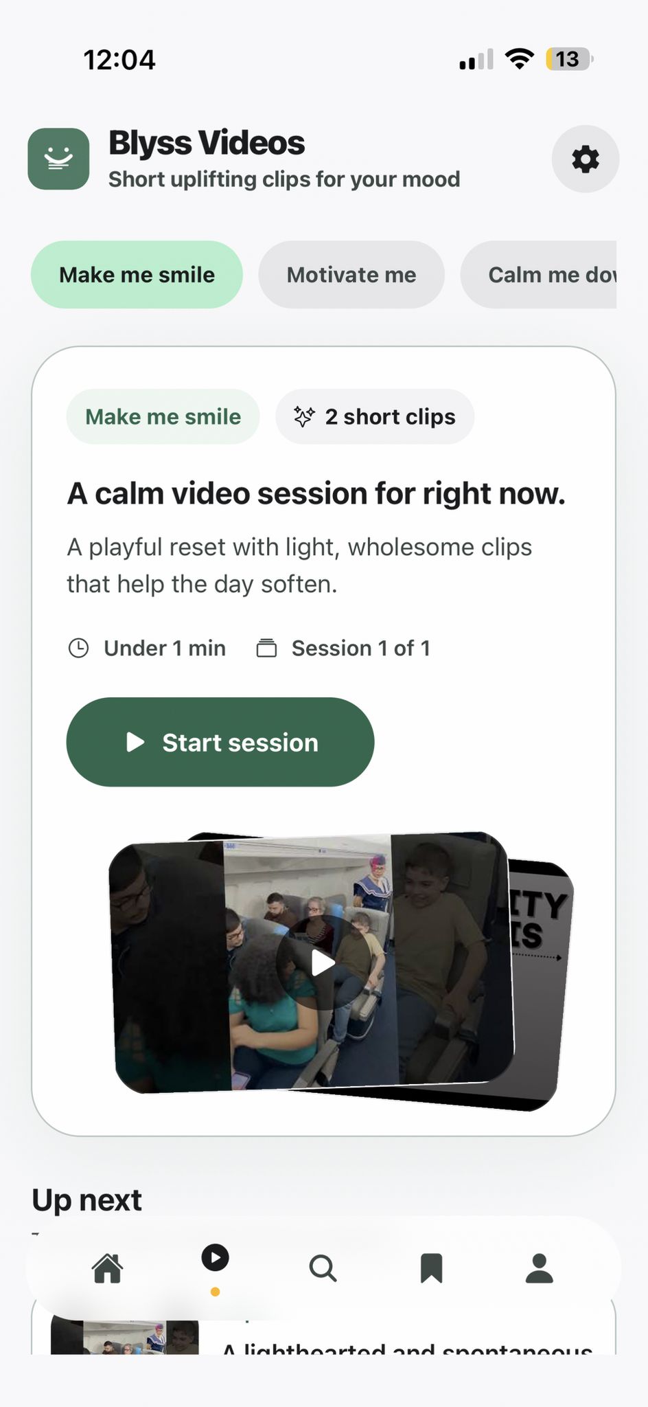 Blyss Videos tab showing mood-based session options